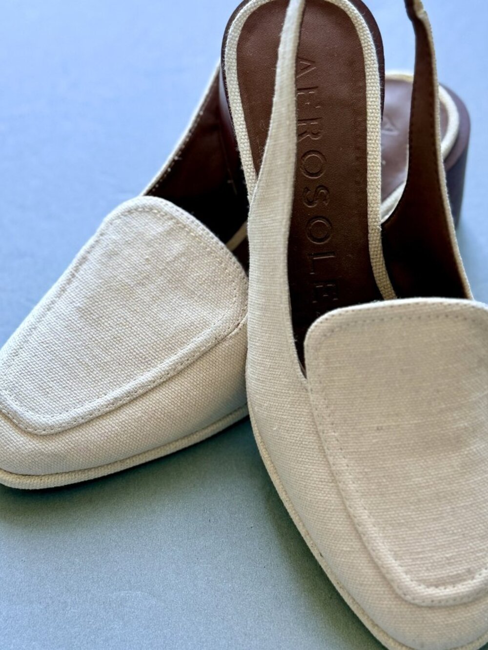 Aerosoles Cream Linen Canvas Slingback Block Heel Loafer Mule Size 6.5
